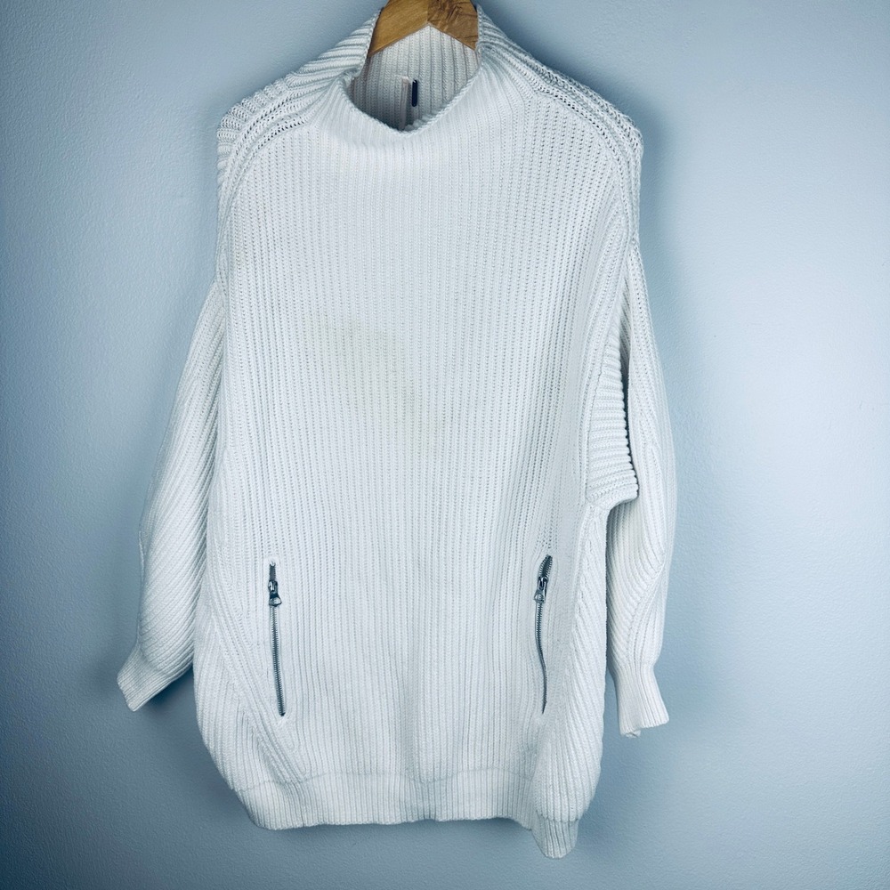 Free People Oversized Ribbed Mock Neck Zipper Pocket Sweater White Large